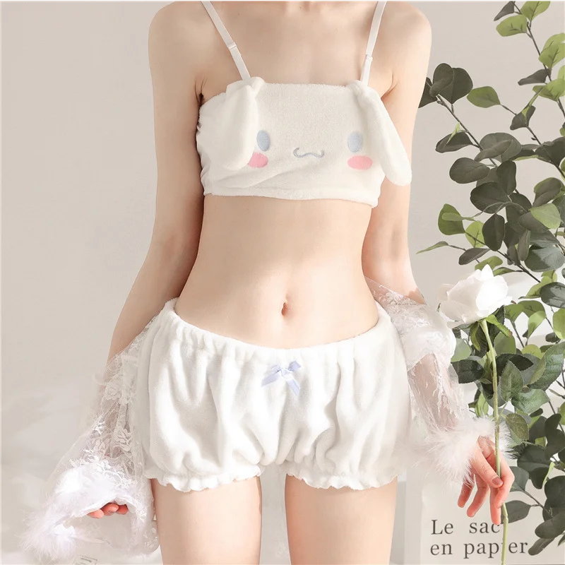 Sanrio autumn and winter Kulomi cute girl tube top set Melody cartoon removable suspenders thermal plush bra two-piece set