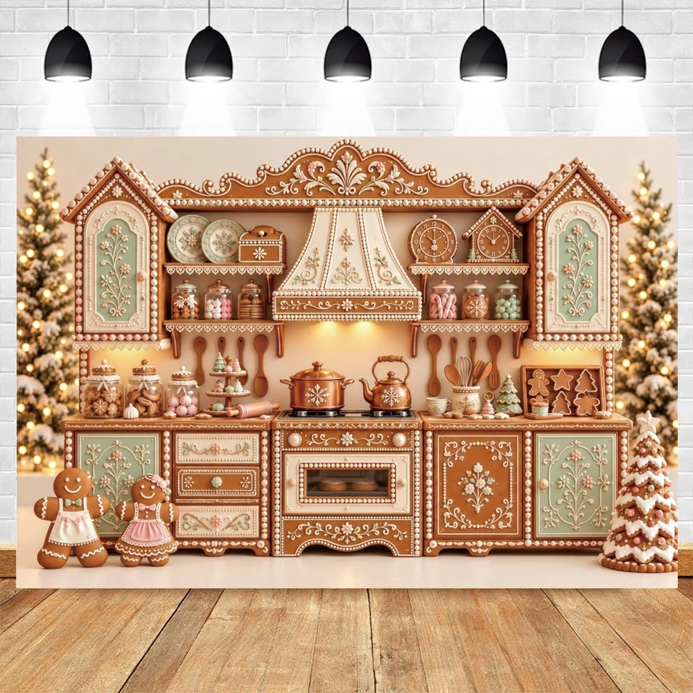 Christmas Gingerbread Kitchen Backdrop Photography Backgrounds Bakery Cabinet Cookie Sweet Girl Birthday Studio Photo Prop Decor