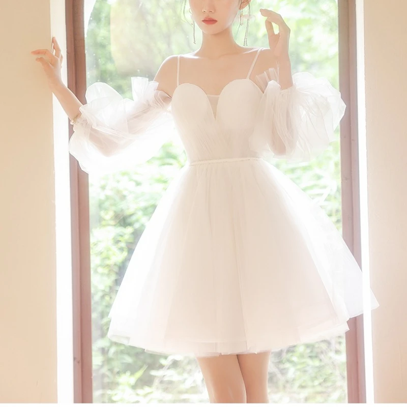Białe Krótkie Suknie Ślubne Bez Ramiączek Trapezowe Suknie Ślubne Bufiaste Rękawy Suknie na Bal Suknie Formalne Eleganckie Sukienki Wieczorowe Damskie