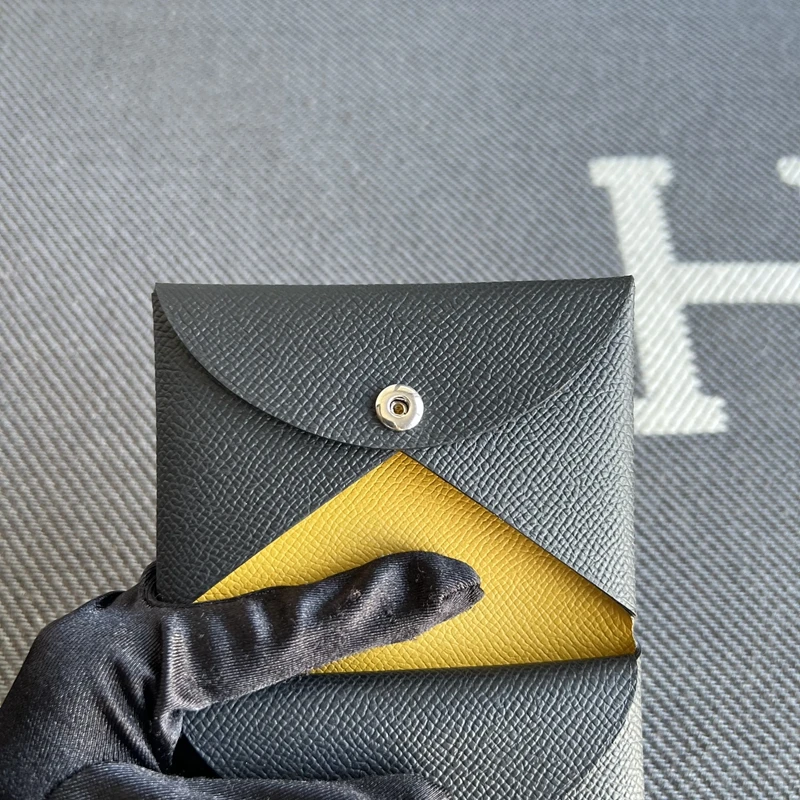 Genuine Leather Key Coin Wallet Button Closure Amber Yellow Card Holder Black Stitching European Style Youth Short Wallet Men's