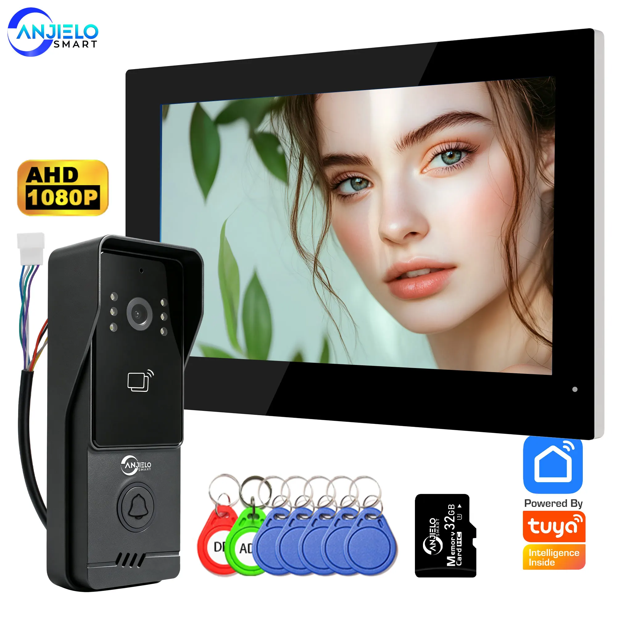 ANJIELO SMART 4 Wire Video Intercom System 7/10.1 Inch Touch Screen 2MP Doorbell RFID Unlock Tuya APP Remote for Villa Apartment