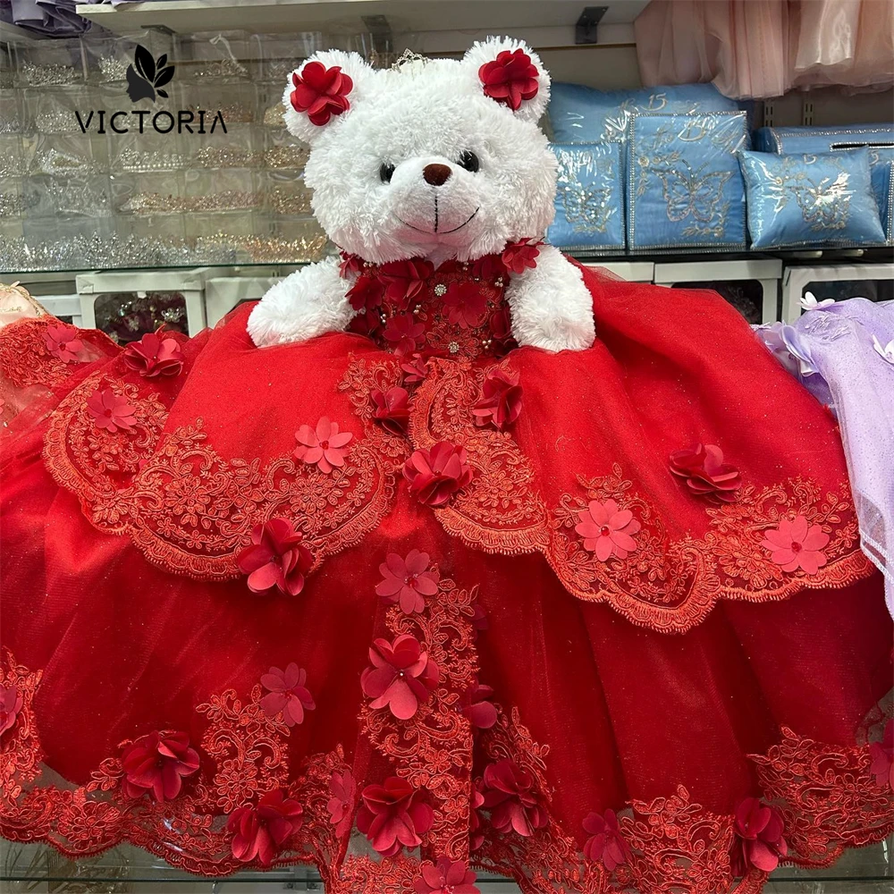 

Flowery Red Ruffles Personalized Quinceanera Teddy Bear Dresses Beadings 3D Flowers Appliques Sweet Sixteen Bear robe de bal