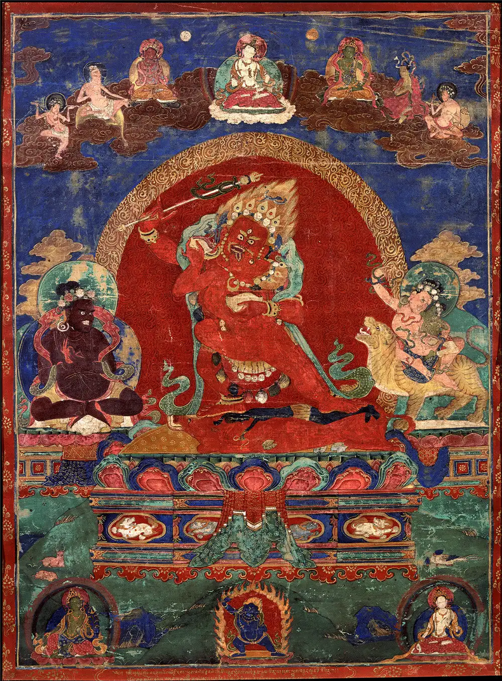 

Rakta Yamari - Krodharaja Thangka (13th Century Old Version),Tibetan Buddhist Thangka,Giclee Printed and Hand Framed,47" × 32"