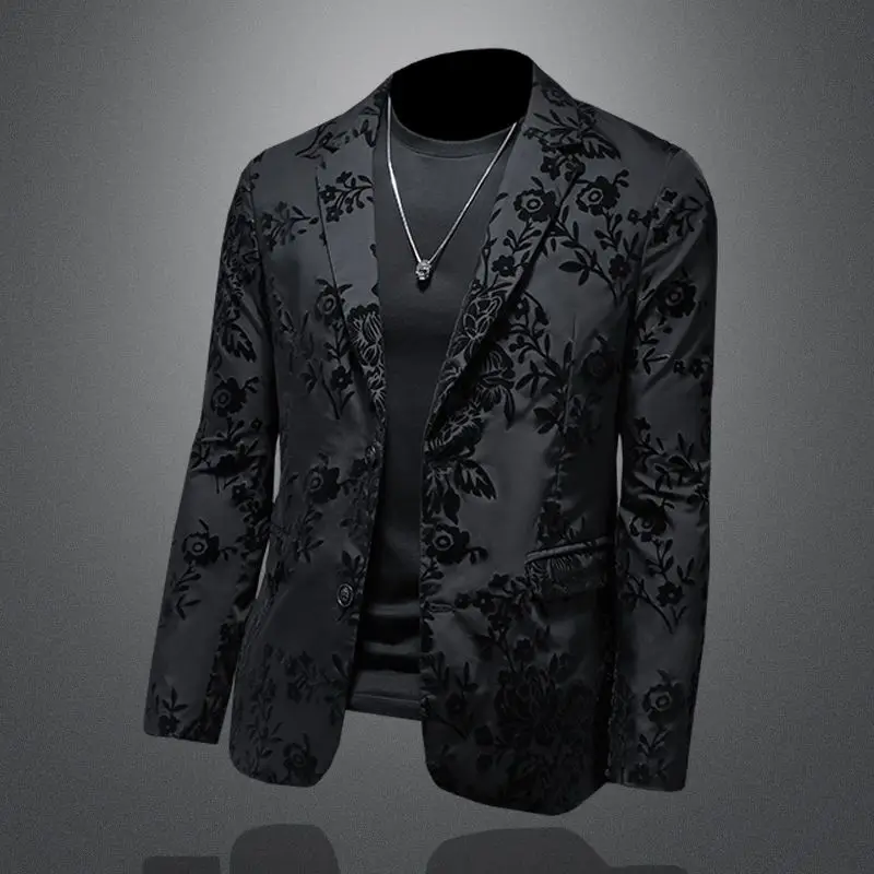 High Quality Black Suit Design For Leather Men Blazer Autumn Jacquard Trend Flocking Large Casual Coat Mens Jacket Lined Korean