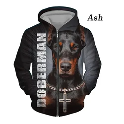 Doberman 3D Printed Zipper Hoodies Men Women Dog Animal Casual Hooded Oversized Hoodie Kids Zip Up Sweatshirts Tracksuits Coat