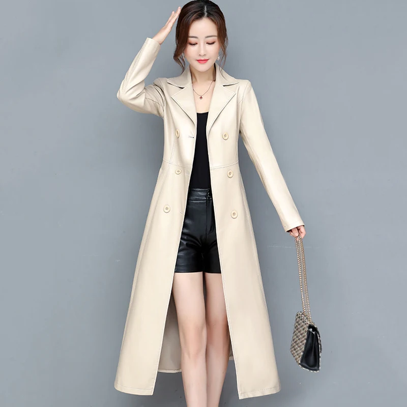 

Leather Jacket Women Overcoat 2023 Autumn Winter New Long Sheepskin Korean Slim Belt Double-Breasted Leather Windbreakers Coat