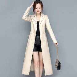 Leather Jacket Women Overcoat 2025 Autumn Winter New Long Sheepskin Korean Slim Belt Double-Breasted Leather Windbreakers Coat