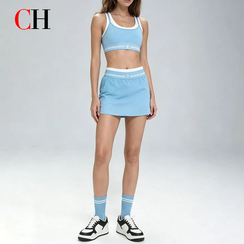 CH Women Tennis Skirt Set Sports Bra Crop Top Athletic Skort Golf Outfit Yoga Workout Activewear Fitness Sportswear Running