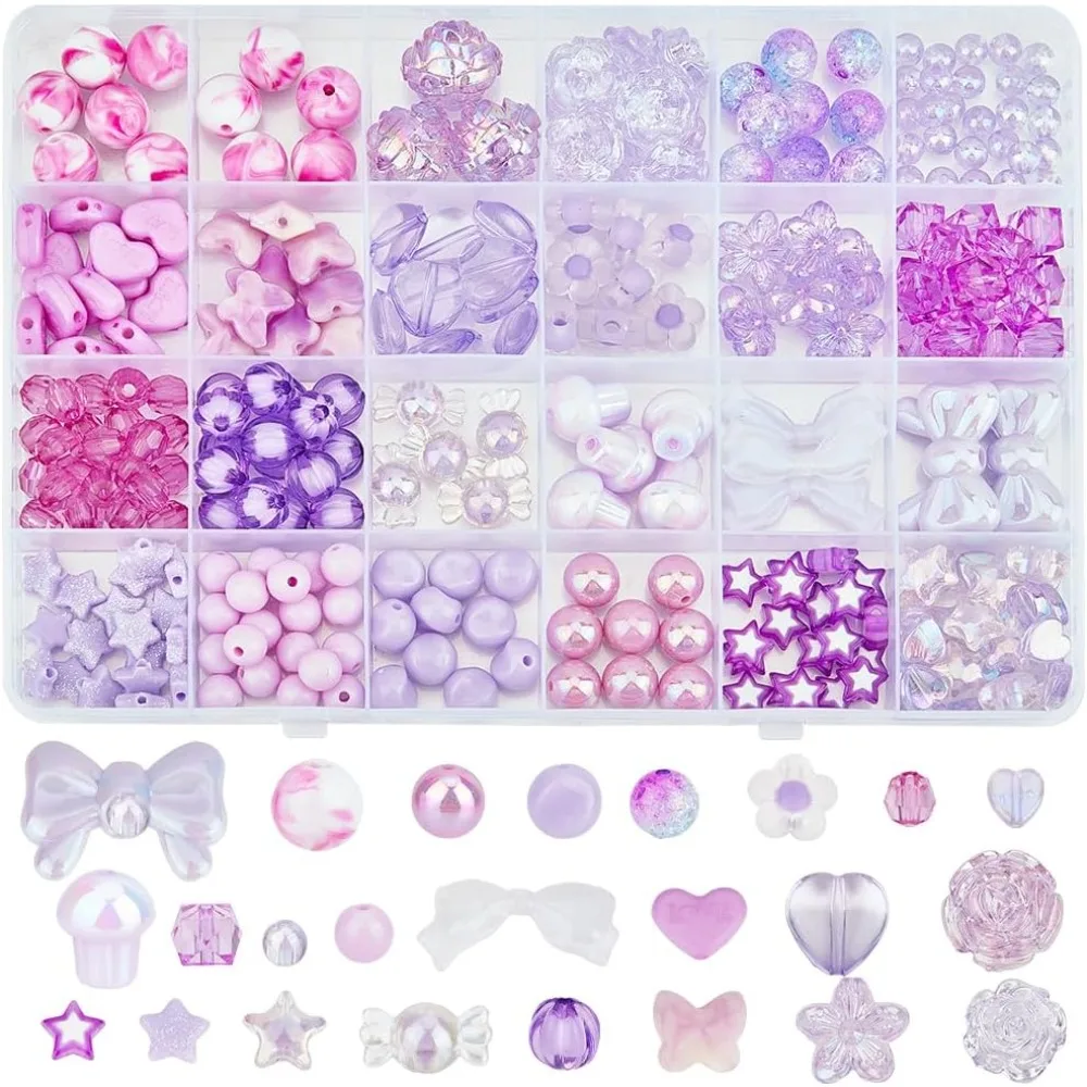 344Pcs Purple Aesthetic Beads Acrylic Assorted Beads Cute Bowknot Butterfly Heart Flower Stars Round Beads Bulk