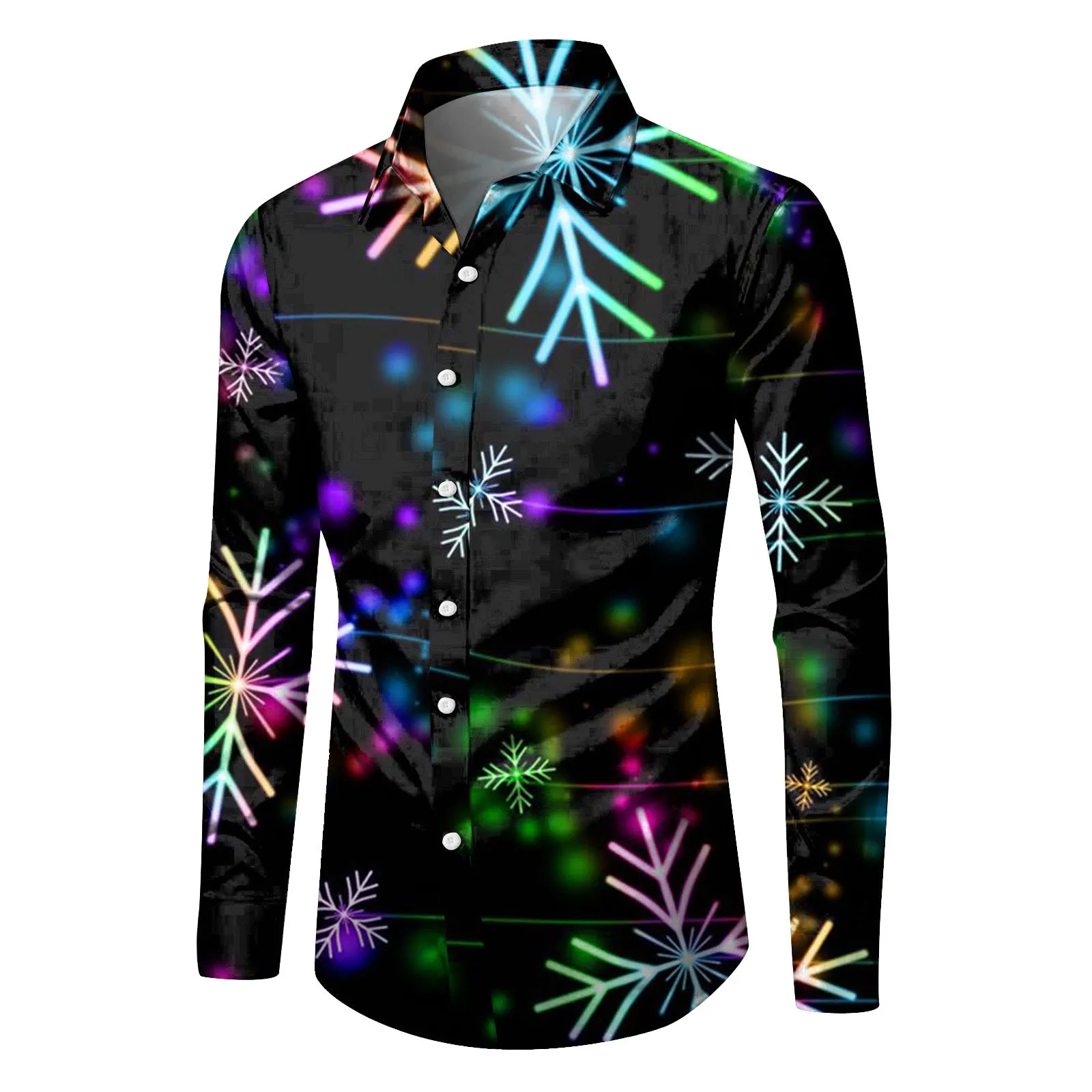 

3D Shirt Mens New Year Party Snowflake Print Button Shirt Comfortable Top Down Long Sleeve Top Christmas Wear Casual Shirt Male