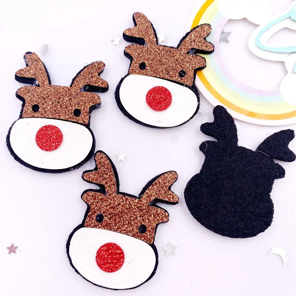 10pcs Felt Fabric Colorful Glitter Bepowder Cartoon Christmas Deer Patch Applique Sewing DIY Hair Bow Craft Supplie