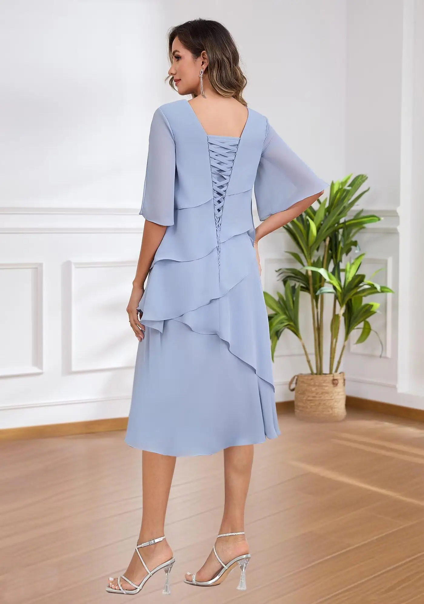 Tiered Chiffon Mother of The Bride Dresses for Women Short Sleeve Tea Length Wedding Guest Dress