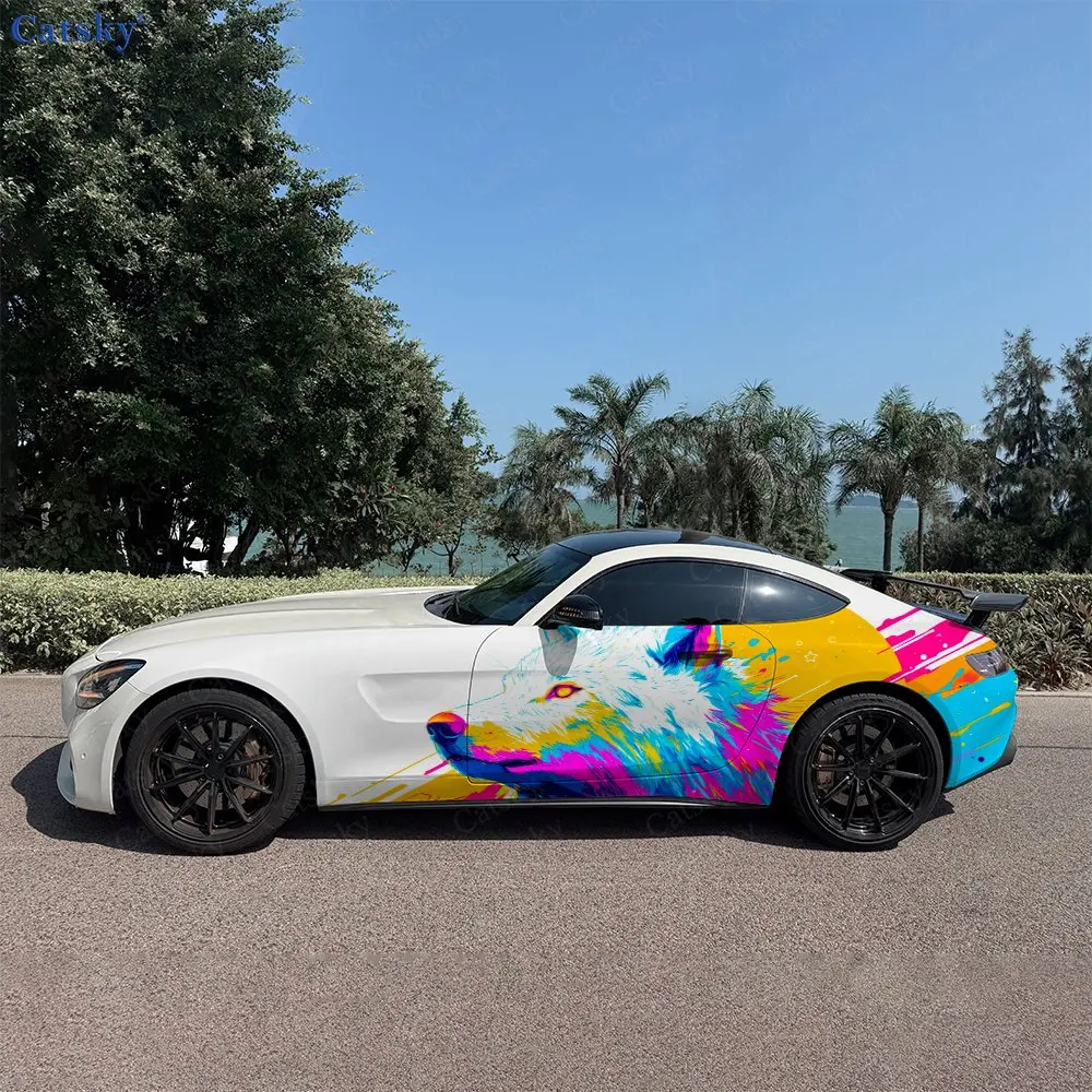 2pcs Neon Color Ink Fierce Wolf Car Side Wraps, Self-Adhesive PVC Waterproof & Scratch-Resistant Stickers, Car Accessory Gift