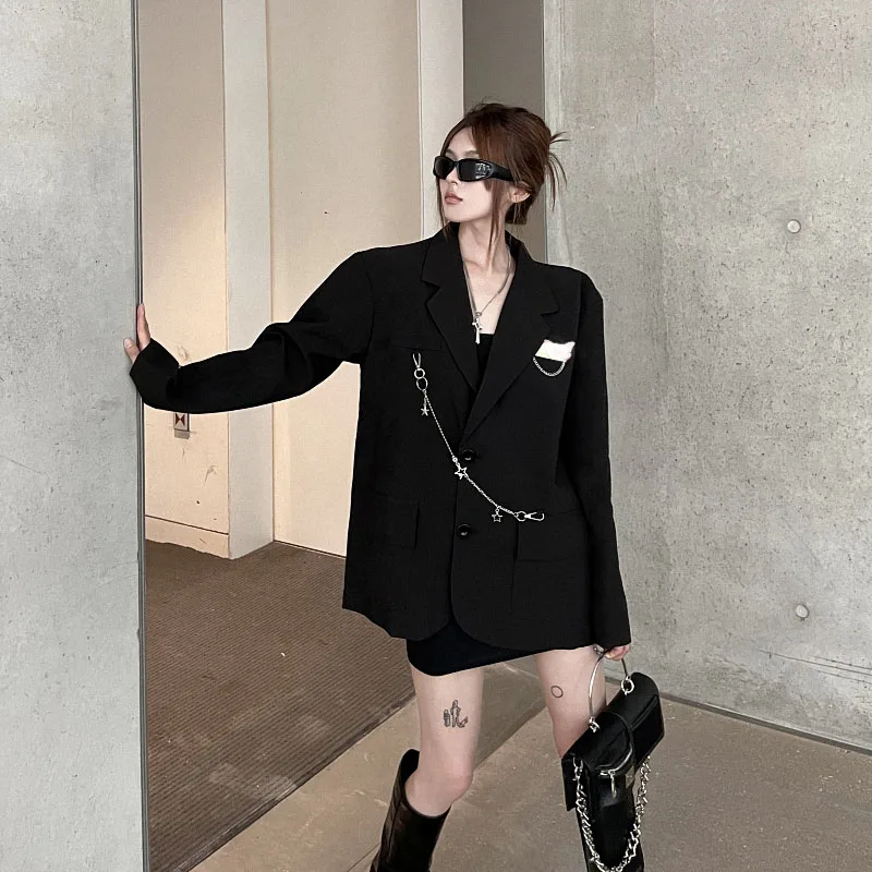 Hong Kong Style Retro Chain Women's Suit Jacket 2024 Spring and Autumn Fashion Personalized Loose Casual Lady Suit Blazer Top