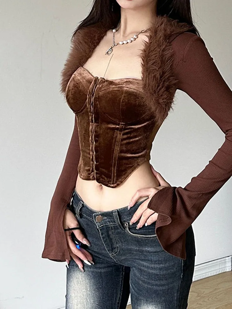 IAMSURE Sexy Patchwork Fur Trim Velvet Cropped T Shirt Vintage Solid Square Collar Long Sleeve Tees Women 2023 Autumn Winter