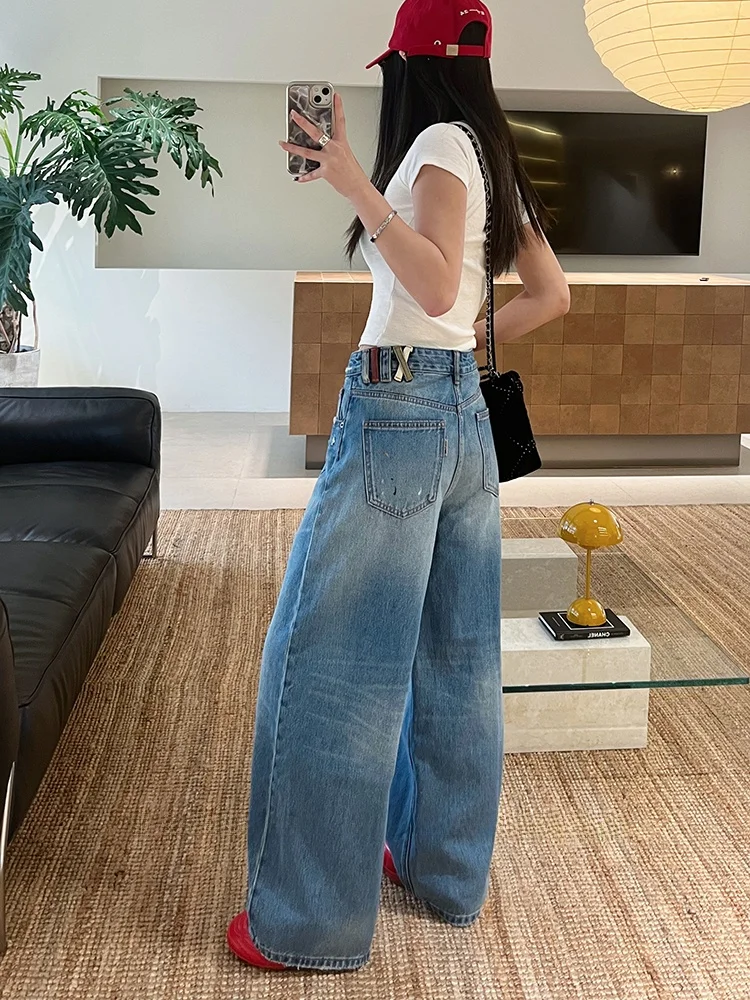 

Женские джинсы с высокой талией и прямым кроем, синие, весна 2026, новые, с эффектом брызг краски, широкие брюки, свободные, стройнящие, в пол