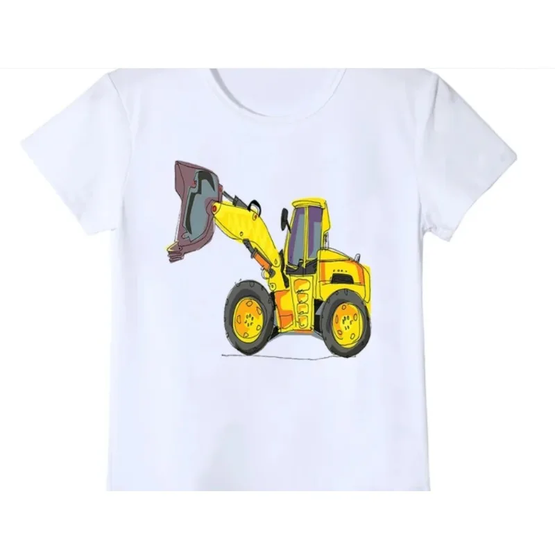 Cute Construction Machinery and Excavators Cartoon Print Children'S Clothing Tshirst Summer Short Sleeve Tops