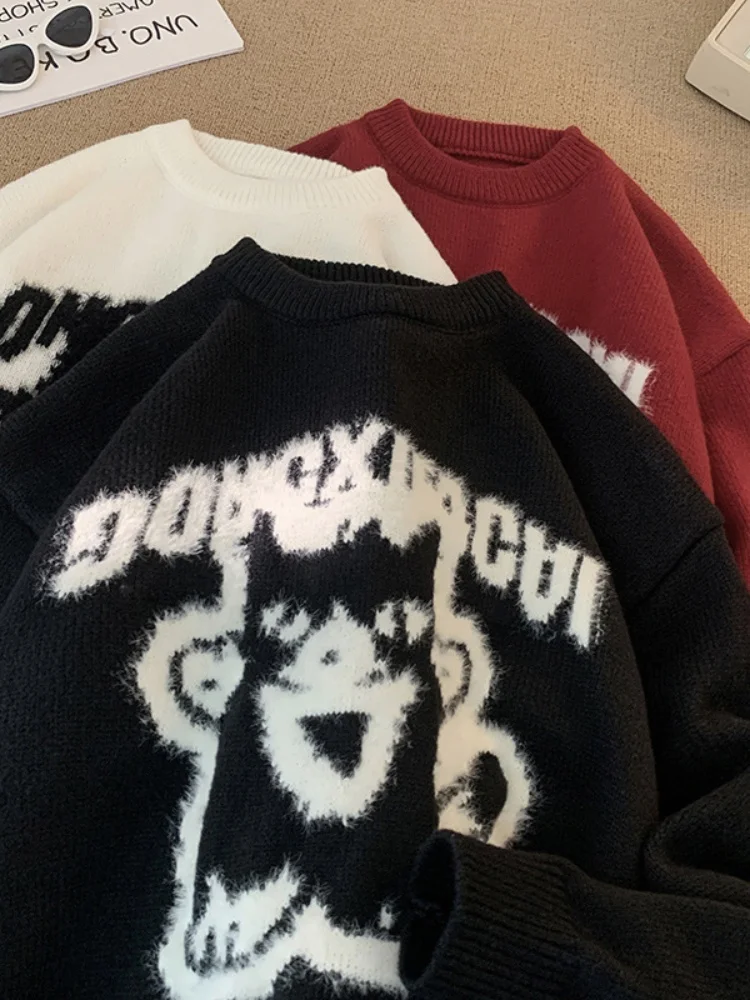 

Мужской осенне-зимний свитер с круглым вырезом, вязаный, с 3D-вышивкой в американском ретро-стиле, с узором «Ленивый цветок»