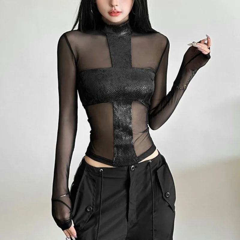 American Style Mesh Long Sleeved Bodysuit T-shirt Female Off Shoulder Sexy Chest Low Cut One Piece Tops Serpentine Cross T-shirt