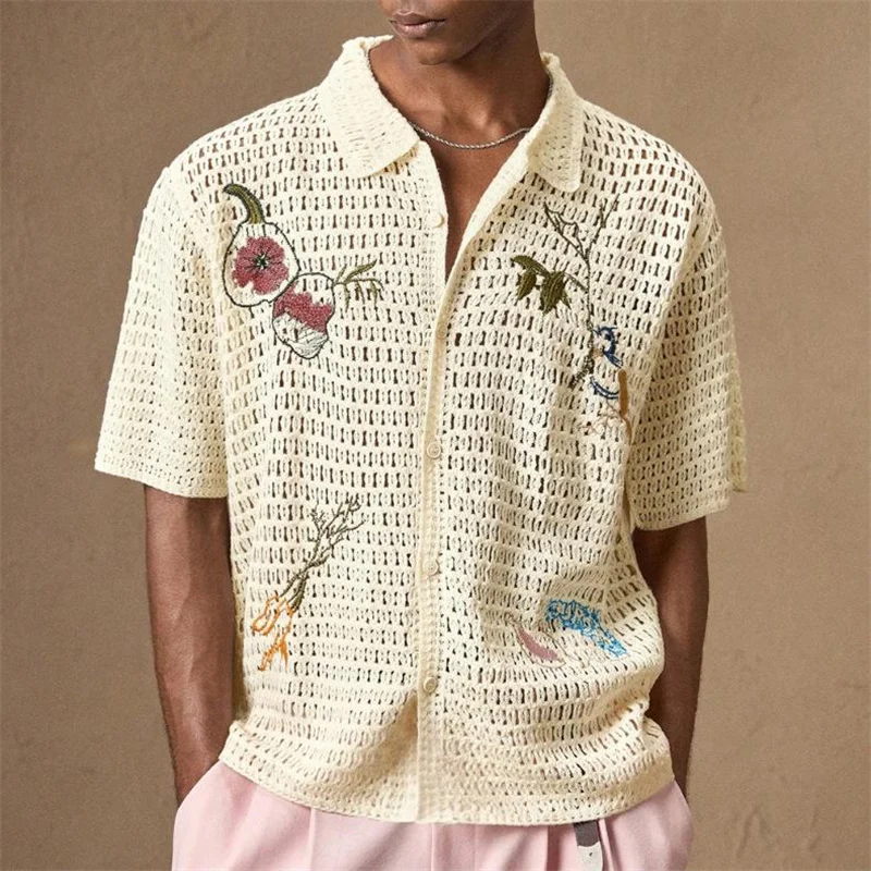 التطريز الكروشيه قمصان للرجال قصيرة الأكمام فضفاضة تناسب محبوك الصيف جودة الاكريليك شبكة الجوف خارج العصرية قمصان دي Hombre
