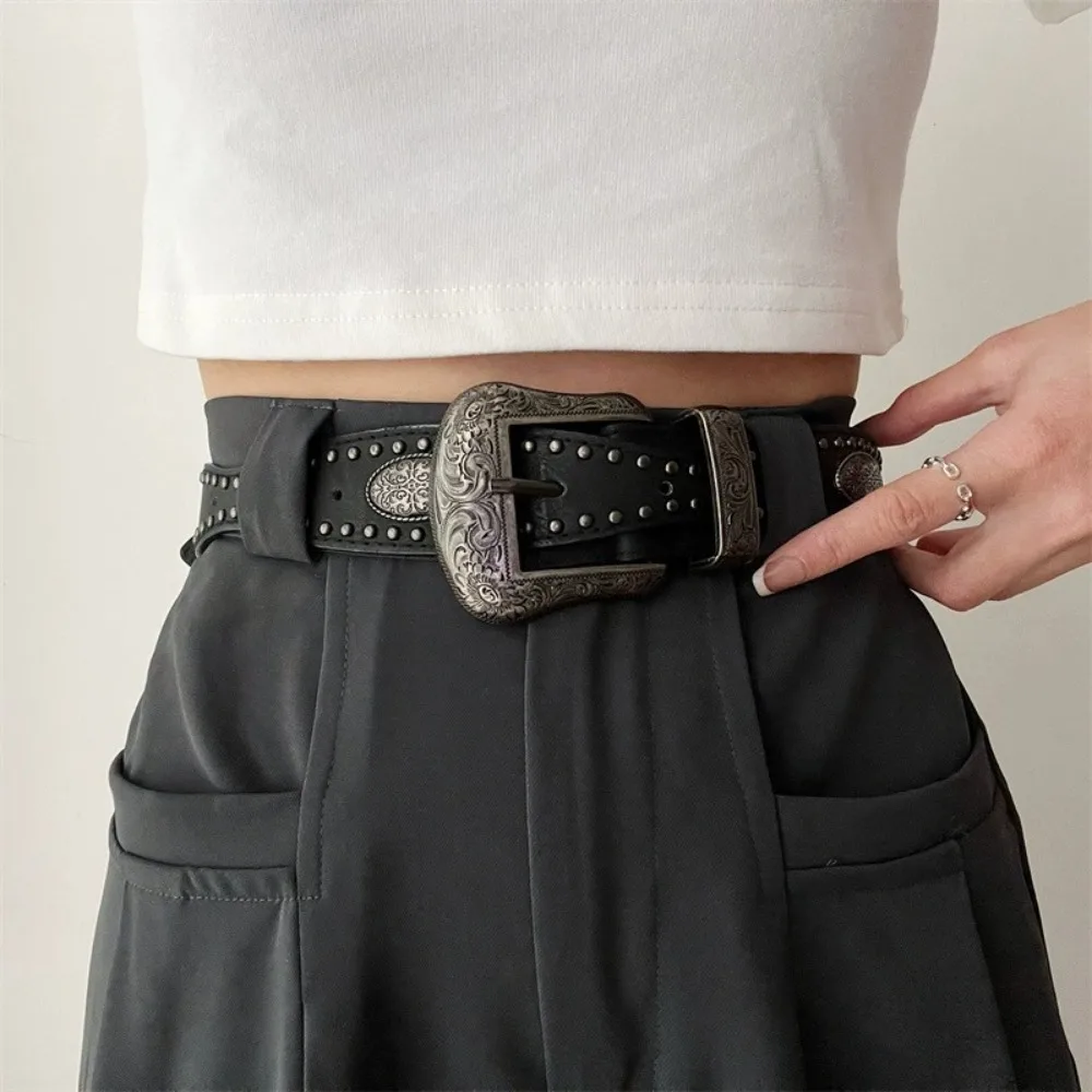 

Fashion Cool Black Rivet Belt Wide American Style PU Vintage Waistband Punk Adjustable Coffee Y2K Belt Couple