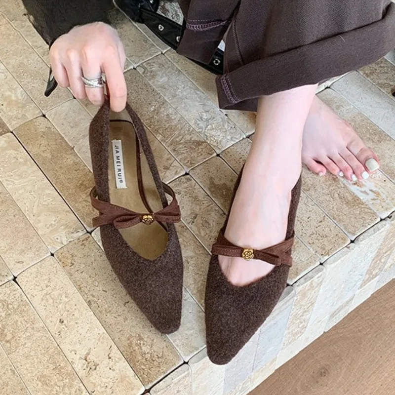 Bowknot Pointed Toe Low Heel Women Shoes Warm Elegant Office Dress Shoes Comfort New Autumn Winter Brand Mary Jane Shoes Women