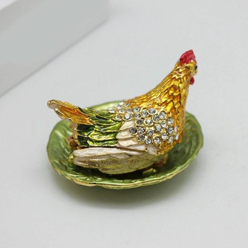 Traditional Chinese Rhinestones Metal Hens Laying Eggs Figurines Fengshui Ornament for Home and Office Desktop Decors