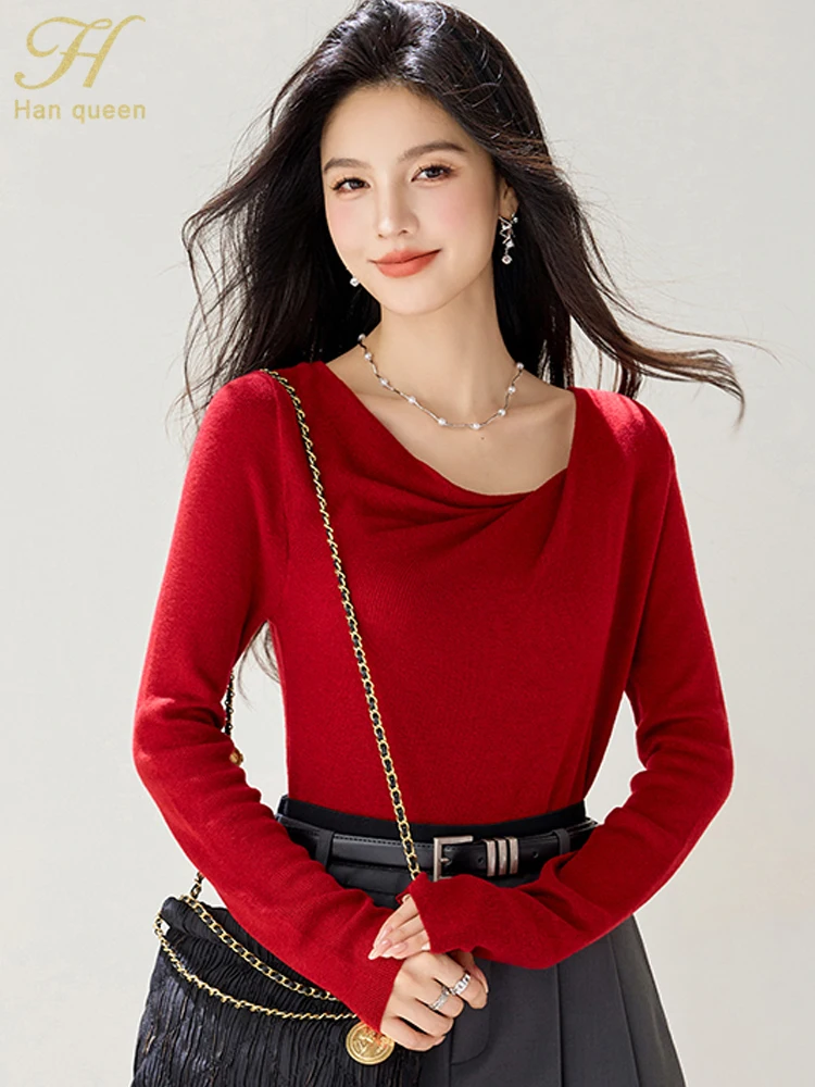 

H Han Queen, осенние элегантные шикарные красные эластичные женские свитера в корейском стиле, повседневные топы с длинными рукавами, свободный пуловер, женская одежда