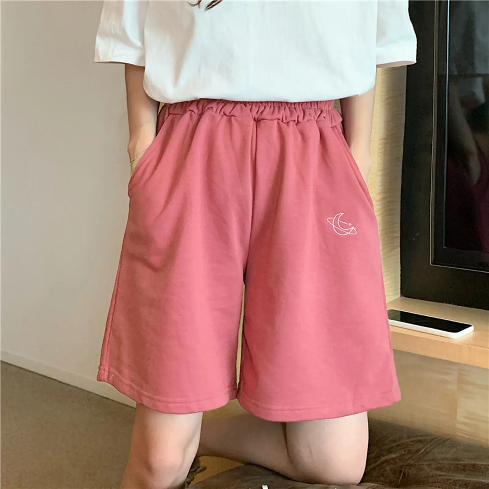 

Summer Women Five-point Pants Sweet Casual Harajuku Cotton 2024 Sports Loose Thin Wide-leg Pattern Printing Elastic Girls Shorts