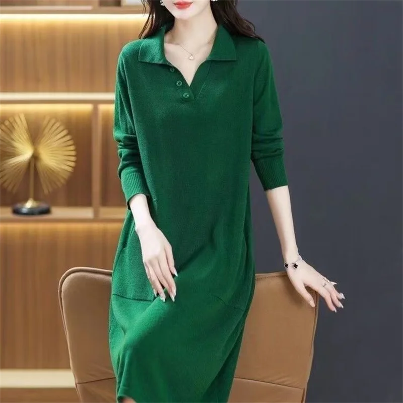 Mom\'s Autumn And Winter Thick Knitted Wool Dress Wool Sweater Slim High-End Knee Length Long Sleeved Dress Loose Plus Size XXXL