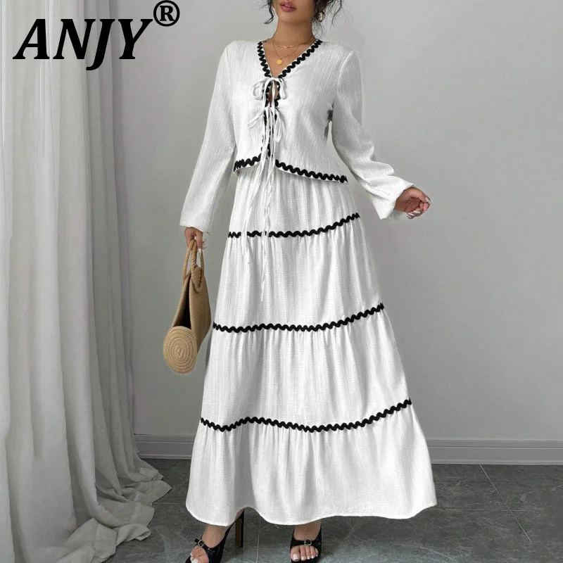 

ANJY Spring Summer New Women Elegant Vacation Style Long Sleeve Lace-Up Tops A-Line Skirts Trendy Chic Contrast Color Set A20068