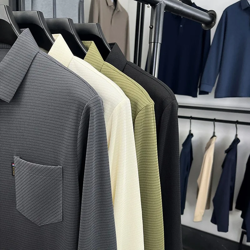 Premium Men Dress Shirts Breast Pocket Anti Wrinkle Seamless Elastic Tops Breathable High End Business Long Sleeve No Iron Shirt