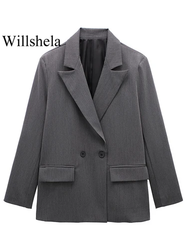 Imagen 2 del producto Willshela, moda para mujer con bolsillos, Blazer liso con doble botonadura, Vintage, manga larga, cuello con muescas, trajes de oficina para mujer