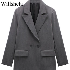 Phụ nữ Double Tresado Willshela-Blazer với túi, cổ điển tay dài, cổ chạm khắc, quần áo văn phòng phụ nữ, thời trang phụ nữ, đơn sắc 8 Bán hàng chính Blazer Elastano - 3