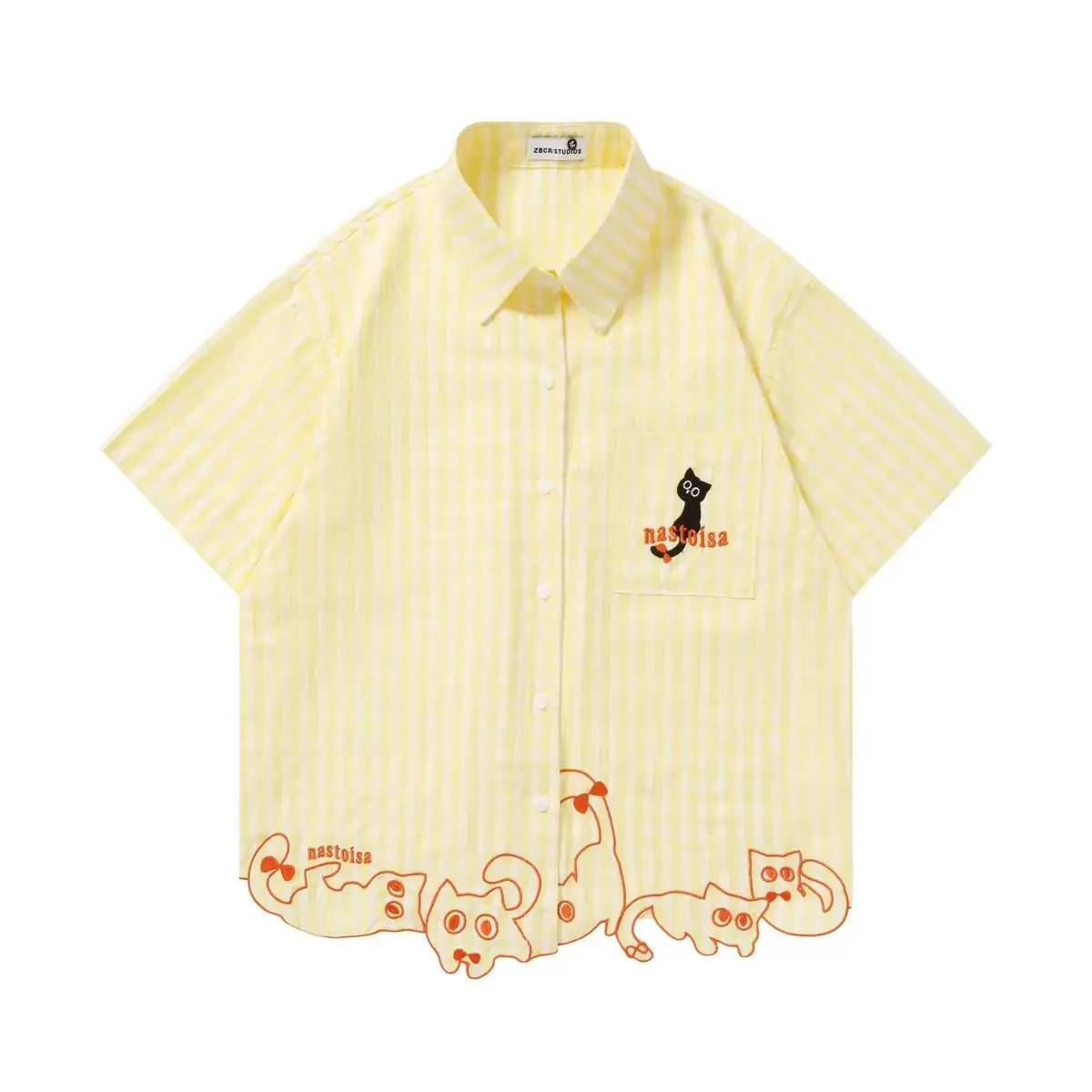 Chic Funny Cute Cat Embroidery Pink Striped Button Down Shirt - Short Sleeve Casual Summer Top Daily Sweet Preppy Style Japanese