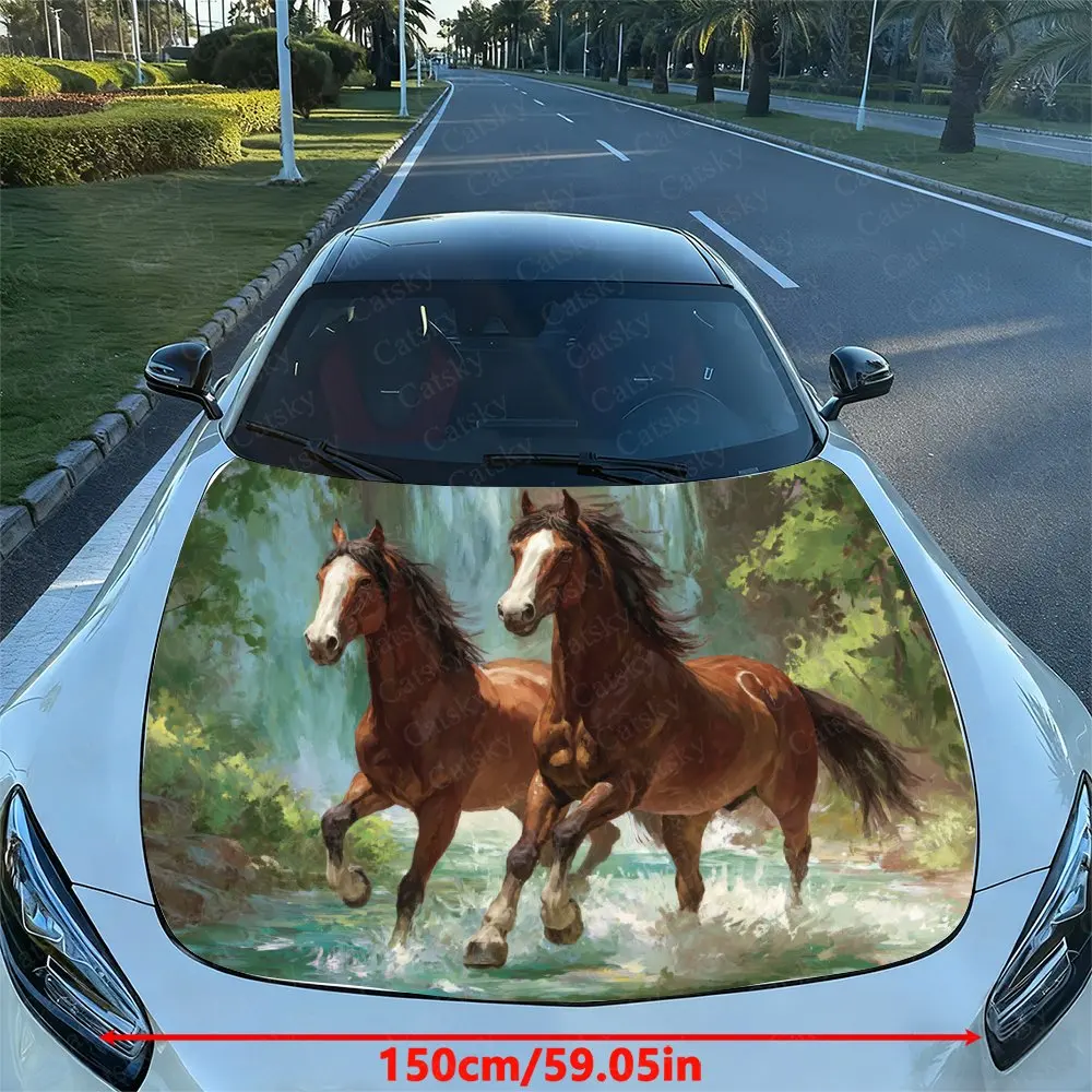 The Brown Horse Is Running In The Stream Car Vinyl Wrap - Splash-Resistant Engine Hood Decal Sticker, Easy Removal Durable Perso