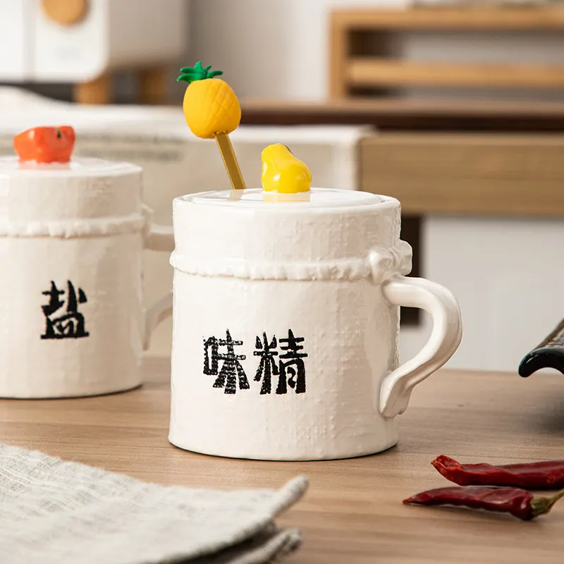 285ml Cute Ceramic Spice Jar with Lid & Fruit Decor Spoon White Textured Seasoning Container for Salt Sugar Monosodium Glutamate