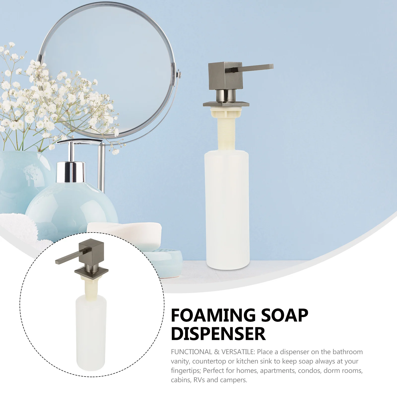 

Refillable Plastic Liquid Bottle Stainless Steel Pump Head Tall Manual Bathroom Vanity Countertop Kitchen Sink Foaming Reusable