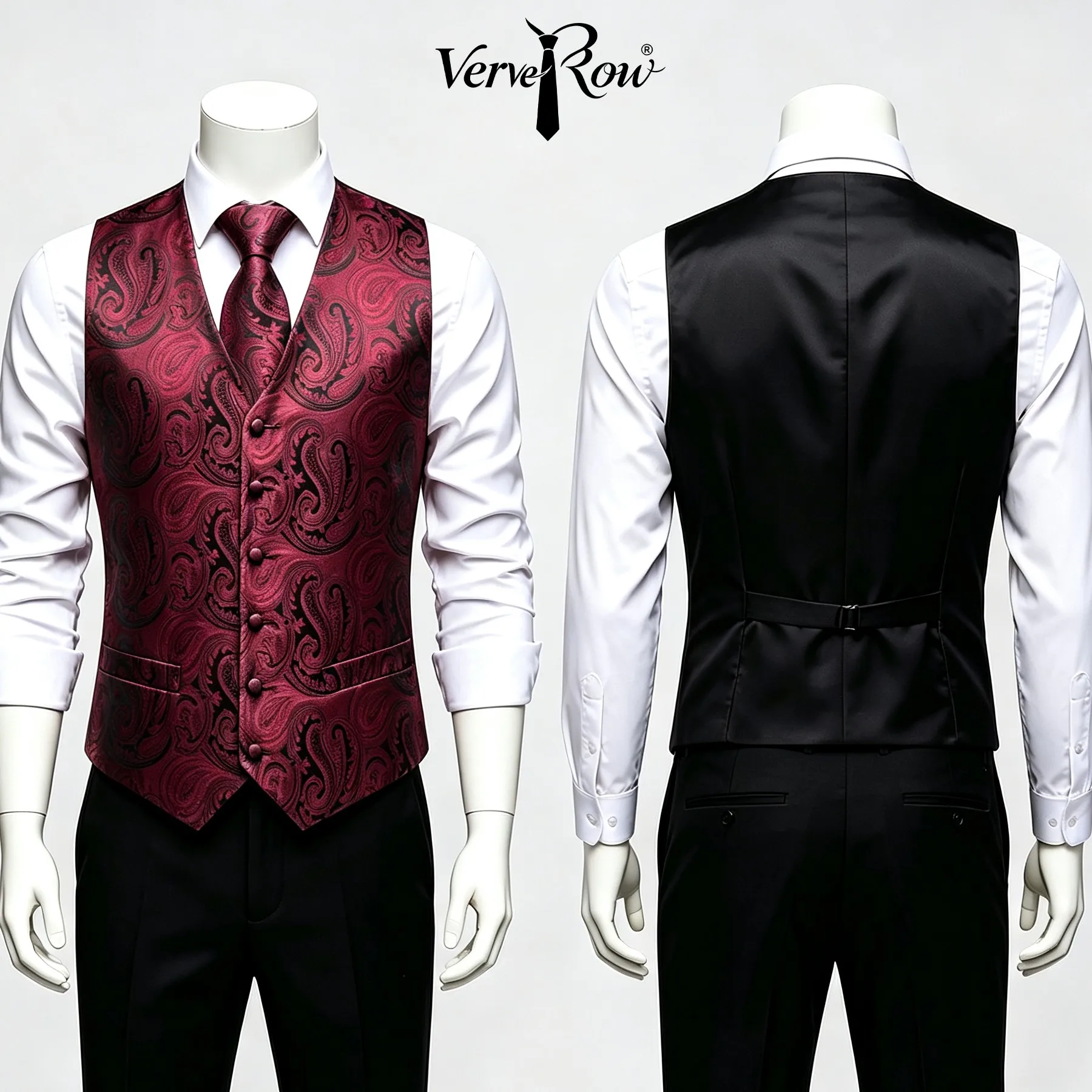 VERVEROW Conjunto de chaleco de traje para hombre, color burdeos brillante, con diseño de Paisley, chaleco jacquard, corbata y pañuelo a juego para graduación y boda