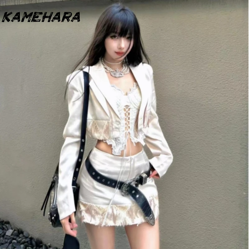 

KAMEHARA Japanese Spring Glossy Satin Tassel Splicing Premium Feeling Jacket Lace Inner High Waist Half-body Skirt 3 Piece Sets