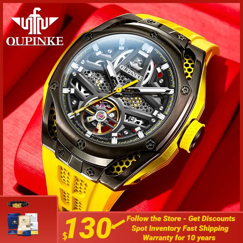 

OUPINKE 9003（Special Offer）Automatic Watch for Men Full Skeleton Rubber Strap 53 Big Dial Sapphire Mirror Male Wristwatch