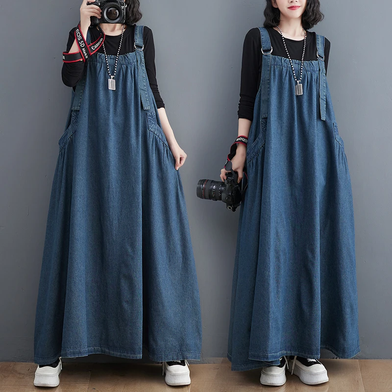 

plus Size Women's Spring Autumn Denim Overalls Dress Belly Cover Slimming Loose Fashionable Gown Traditional Chinese Ethnic S...
