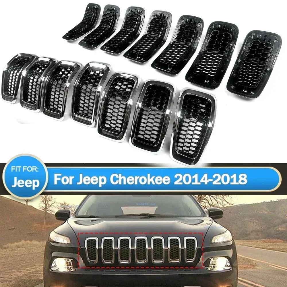 7pcs Car Front Grill Racing Front Bumper Grille Insert Trims Ring Cover Vent Hole Frame Garnish For 2014-2018 Jeep Cherokee