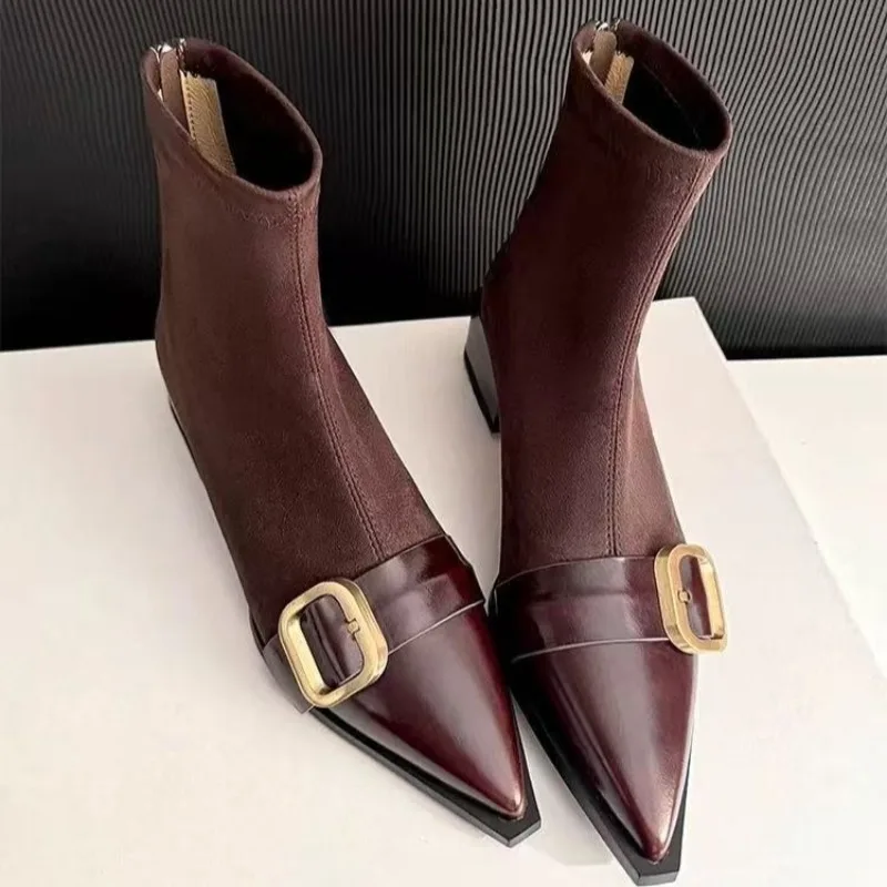 

Elegant Pointed Toe Women Ankle Boots Suede Mid Heels Fad Heeled Shoes New Pumps 2025 Winter Casual Woman Short Chelsea Botas