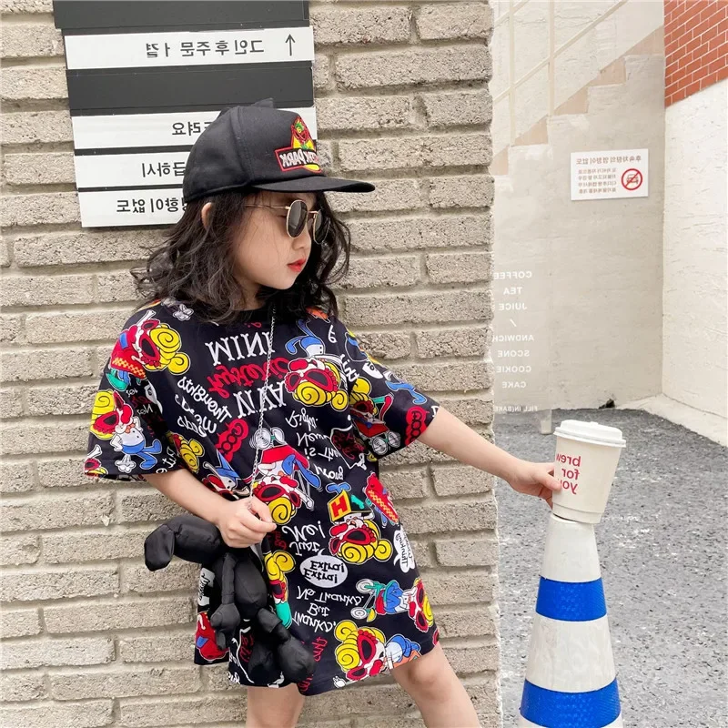 2024 Summer Girls Long T-shirt Medium Long Sleeved Fashionable Contrasting Color Dress Children\'s Casual Dress  Kids Clothes