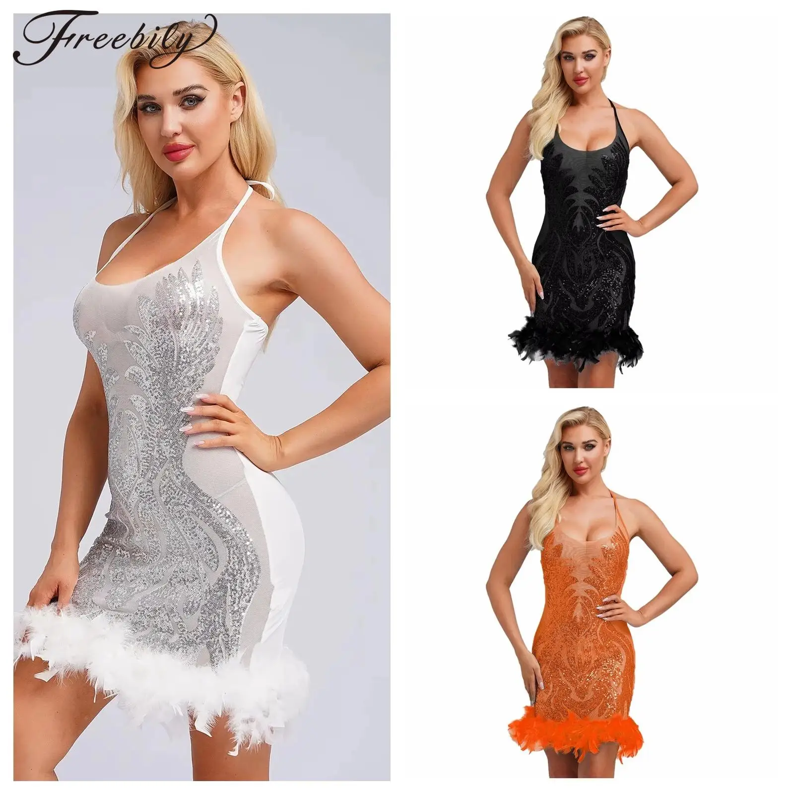 Womens Bodycon Dress Sequined Latin Cha-cha 댄스 드레스 홀터넥 민소매 쉬어 메쉬 깃털 밑단 레이디 샤이니 칵테일 파티 가운