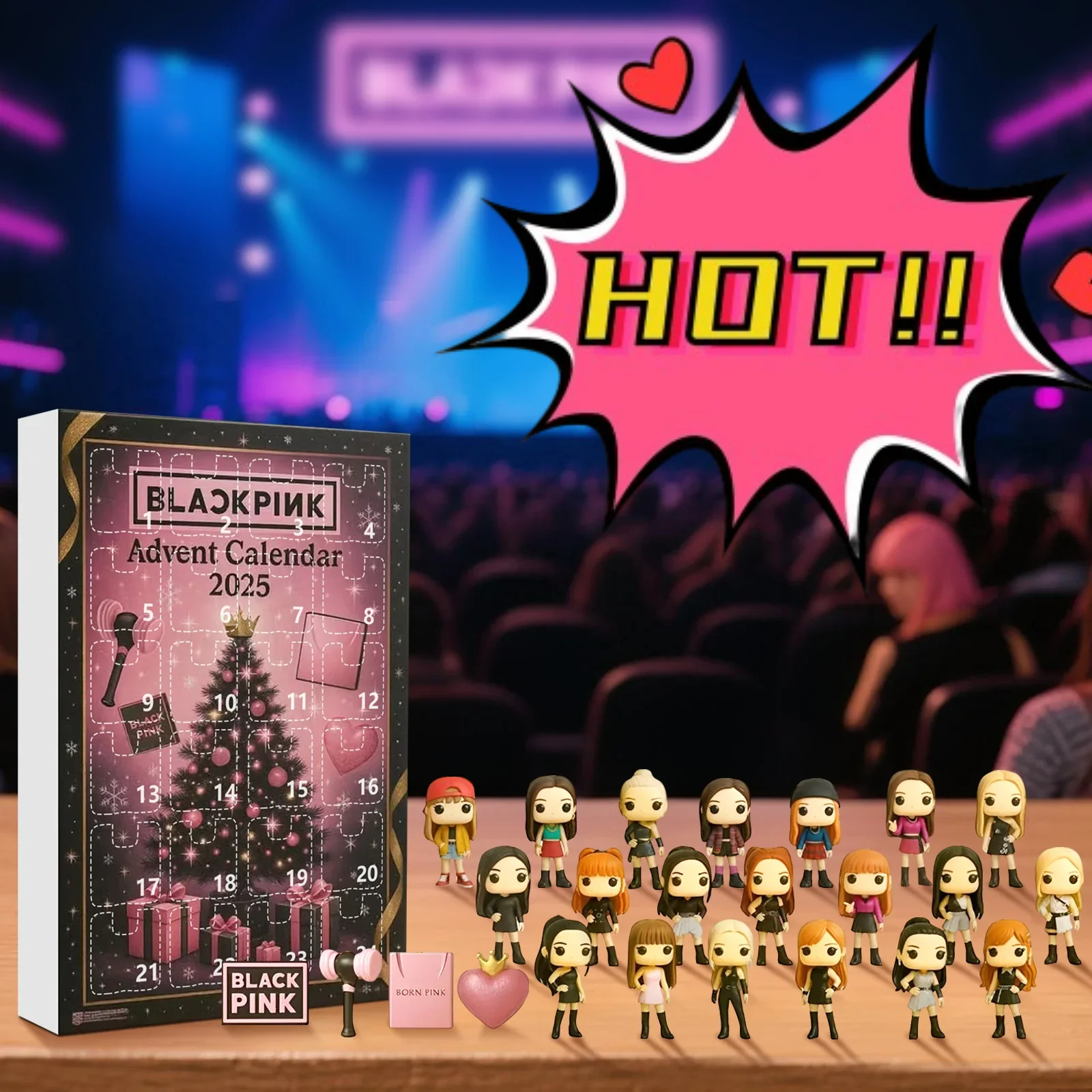 تقويم القدوم لمدة 24 يومًا باللونين الأسود والوردي، يجمع جميع الدمى اللطيفة ثنائية الأبعاد من Jisoo وJennie و Rose & Lisa، هدية عيد الميلاد المثالية لـ B #2