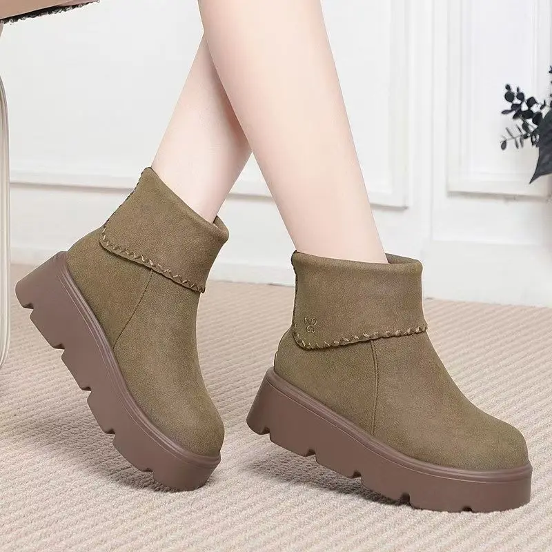 Women Winter New Real Leather Big Size Wedges Snow Boots Thick Sole Round Toe Thicken Plush Keep Warm Zipper Ankle Cotton Boots