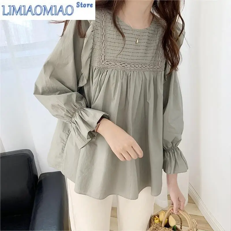 

Модная однотонная свободная плиссированная блузка женская новая классическая рубашка с длинным рукавом в Корейском стиле литературы и искусства женский пуловер