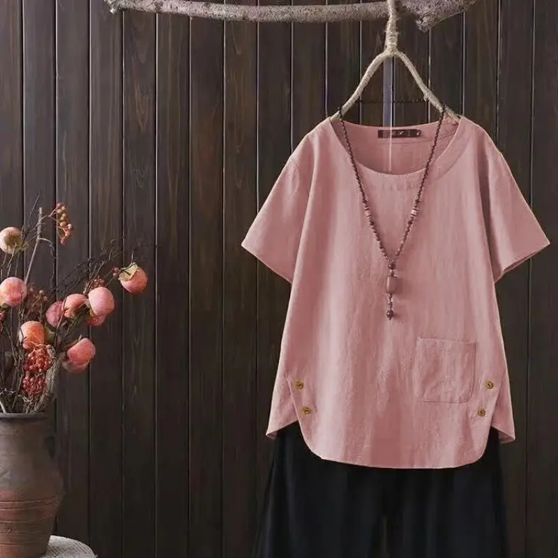 Women Summer Simplicity Vintage Loose Solid Color Cotton O-neck Short Sleeve T-Shirt Women Clothes Casual All-match Trend Tops